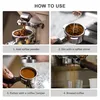 A collage of four images showing the steps to make espresso using a tamper and stirrer set. Produktbild-Vorschau