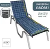 A blue and white checkered sun lounger cushion on a metal frame, with measurement indicators and text overlays. Produktbild-Vorschau