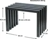 A black metal bench with dimensions indicated by arrows and text. Produktbild-Vorschau