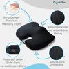 A black orthopedic seat cushion is shown with various features highlighted by text and arrows. Produktbild-Vorschau