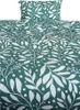 A close-up view of a duvet cover and pillowcase with a green background and a white floral pattern. Produktbild-Vorschau