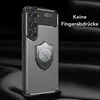 A close-up marketing image of a black smartphone case with a carbon fiber texture and a shield-shaped fingerprint icon. Anteprima dell’immagine prodotto