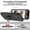 A black iPhone case with a kickstand and ring holder is shown from multiple angles, with text highlighting its features. Produktbild-Vorschau