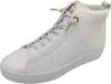 A white high-top sneaker with gold accents. Voir les images du produit