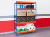 A metal shelving unit filled with various items, including bottles, boxes, and rolls of material, in what appears to be a storage area or garage. Podgląd zdjęcia produktu