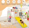 Children playing on a wooden climbing frame with a slide and other accessories in a room. Podgląd zdjęcia produktu