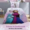 A bed with Frozen-themed bedding featuring Anna, Elsa, and Olaf. Produktbild-Vorschau