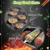 A collage-style image showing burgers on a grill and grilling baskets with vegetables on a grill, with text overlays. Produktbild-Vorschau