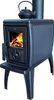 A black wood-burning stove with a kettle on top, set against a white background. Podgląd zdjęcia produktu