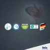A woman sleeping on a mattress, surrounded by various certification logos. Produktbild-Vorschau