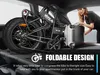A woman is placing a suitcase into the trunk of a car next to a folded electric bicycle. Produktbild-Vorschau