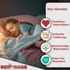 A young girl sleeping peacefully in bed, with marketing text and icons on the right side. Produktbild-Vorschau