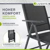 A close-up of a black folding garden chair with text overlays highlighting its features. Produktbild-Vorschau