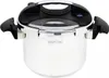A stainless steel pressure cooker with black handles and lid, shown from the front on a white background. Náhled obrázku produktu
