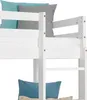Close-up view of a white wooden bunk bed with blue and gray pillows. Náhľad obrázku produktu