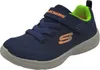 A single navy blue Skechers shoe with orange accents and a lime green interior is shown against a white background. Produktbild-Vorschau
