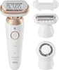 A white and gold Braun Silk-epil 9 Flex epilator with multiple attachments is displayed against a white background. Náhled obrázku produktu