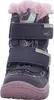 A close-up, front-facing view of a child's purple boot with pink heart patterns and pink faux fur trim. Produktbild-Vorschau