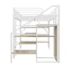 A white metal loft bed with wooden shelves and stairs, shown from the side against a white background. Podgląd zdjęcia produktu