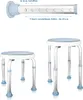 A diagram showing adjustable height settings for a shower stool, followed by two shower stools. Produktbild-Vorschau