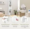 A collage of images showing a white bookshelf with drawers and a cabinet, a white vanity table with a mirror and gold legs, and close-up shots highlighting product features. Produktbild-Vorschau