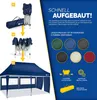 A marketing image showing the assembly steps and color options of a blue pop-up gazebo. Anteprima dell’immagine prodotto
