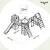 A technical drawing of a wooden playground set with dimensions and area indicated. Náhled obrázku produktu