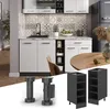 A collage showing kitchen cabinets, a sink, a refrigerator, a dining table, and product components like cabinet legs and shelves. Anteprima dell’immagine prodotto
