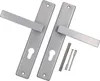 A pair of silver door handles with mounting hardware on a white background. Produktbild-Vorschau