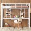A white loft bed with a desk and shelves underneath, set against a wood-paneled wall. Produktbild-Vorschau