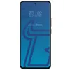 A smartphone screen displaying a time, date, and brand logo with a blue abstract background. Produktbild-Vorschau