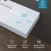 A close-up of a white mineral cast sink with marketing overlays highlighting its features. Produktbild-Vorschau