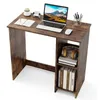 A wooden desk with a laptop, notebook, and other office supplies. Produktbild-Vorschau