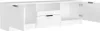 A white TV stand with two doors and drawers, shown from a diagonal front angle. Voir les images du produit