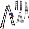 A collage of images showing a black multi-purpose ladder in various configurations, along with a silver storage case and a decorative tag. Produktbild-Vorschau