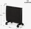 A black electric heater with dimensions indicated by lines and measurements. Náhľad obrázku produktu