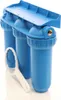 A blue three-stage water filter system with a white filter wrench in front of it, set against a white background. Produktbild-Vorschau