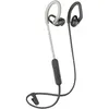 A pair of gray and white wireless earbuds with a black cord and clip. Anteprima dell’immagine prodotto