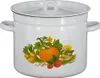 A white enamel pot with a lid, decorated with a colorful illustration of vegetables and a pumpkin. Produktbild-Vorschau
