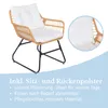 A rattan chair with white cushions, shown from the side and with a close-up of the cushion. Text describes the features of the chair. Produktbild-Vorschau