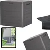 Collage of a dark gray garden storage box from different angles, including a view inside and a tablet showing the box in an outdoor setting. Voir les images du produit