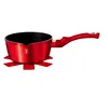 A red metallic saucepan with a black interior and a red handle sits on a red star-shaped trivet against a white background. Náhled obrázku produktu