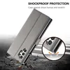 A grey flip case for a smartphone is shown, with a close-up inset demonstrating its shockproof protection. Produktbild-Vorschau