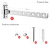A product image showing a foldable stainless steel wall-mounted clothes rack and its accessories, with dimensions indicated. Produktbild-Vorschau