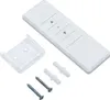 A white remote control for an awning, along with its mounting bracket and screws, is displayed against a white background. Produktbild-Vorschau
