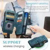 A person is using a wallet-style phone case to pay at a terminal, and another shot shows the case on a wireless charger. Produktbild-Vorschau