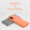 A neon orange phone case is placed on top of a gray smartphone, with text overlayed on a white background. Produktbild-Vorschau