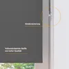 Close-up of a dark gray roller blind with text overlays highlighting features. Produktbild-Vorschau