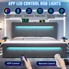 A modern bed frame with integrated LED lighting, controlled via app or remote. Produktbild-Vorschau