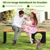 A family with a baby sitting on a garden bench outdoors, with a cat playing nearby. Voir les images du produit